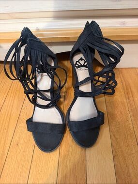 Fergalicious Black Suede Lace-Up Heeled Sandals